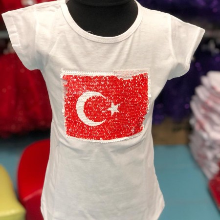Atatürk ve Bayrak Çift Taraflı Payetli Çocuk Tişört